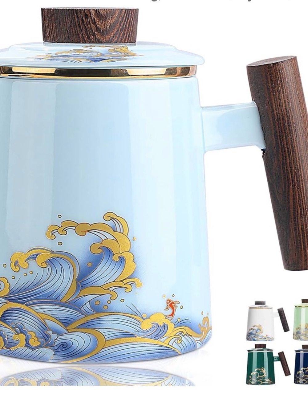 HOOASIS 12oz Ceramic Tea Mug w/ Lid & Infuser, Wood Handle, Wave Design